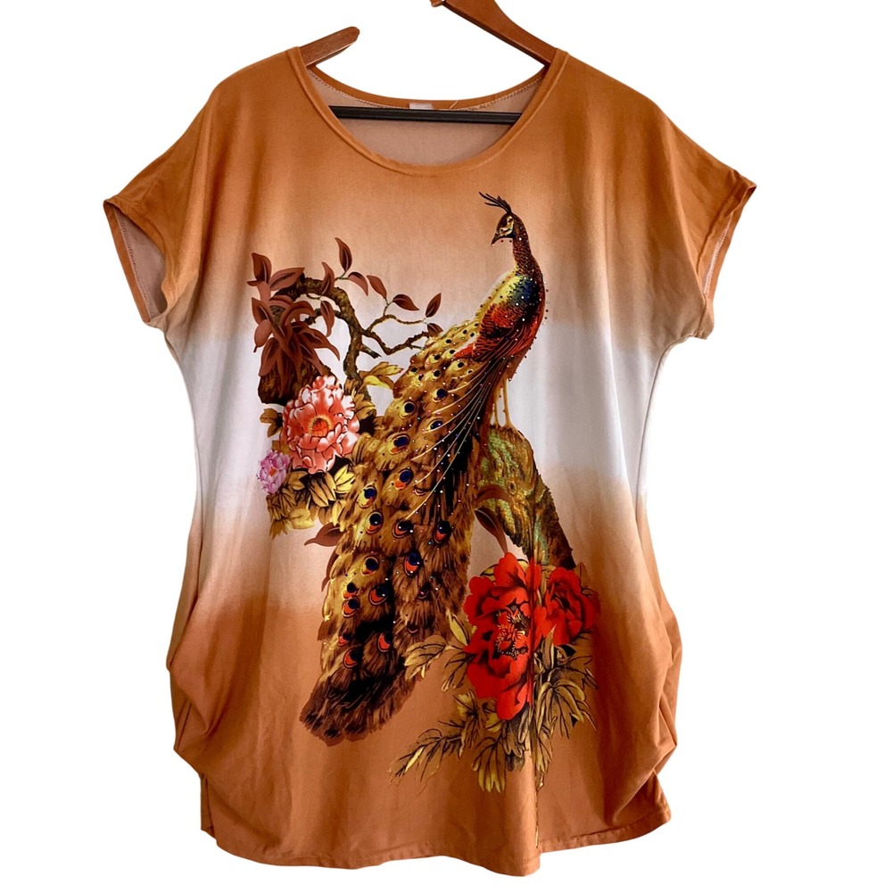 VTG Style Peacock Floral Rhinestone Graphic Tunic Top Ombre L/XL Boho Maximalist